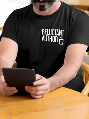 “Reluctant Author” typography with a minimal trash can illustration printed in white on a black t-shirt | Smolt