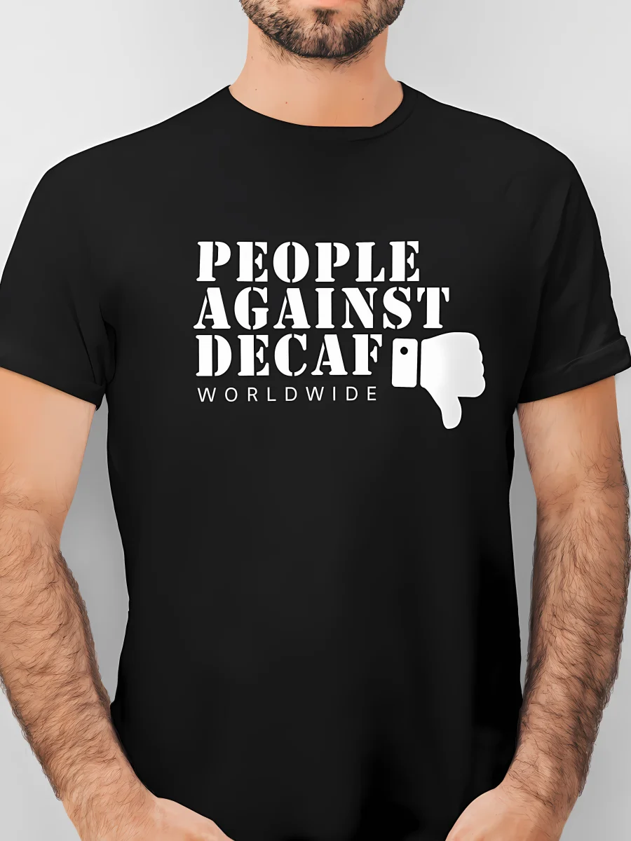 “People Against Decaf Worldwide” typography graphic with a thumbs down illustration printed in white on a black t-shirt | Smolt