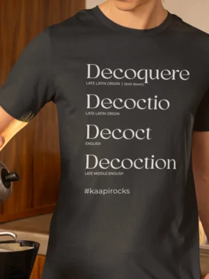 “Decoquere Decoctio Decoct Decoction” typography graphic with etymology references and “#kaapirocks” text printed on an asphalt grey t-shirt | Smolt