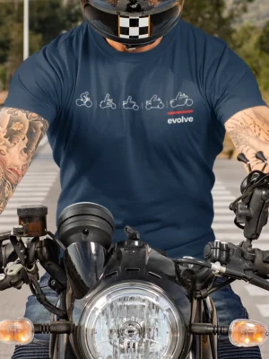 Motorcycle evolution graphic with “evolve” typography printed in white and red on a navy blue t-shirt | Smolt