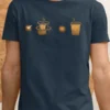 Minimal filter coffee tumbler and takeaway coffee cup icons with check and cross symbols printed in gold on a navy blue t-shirt | Smolt