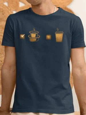 Minimal filter coffee tumbler and takeaway coffee cup icons with check and cross symbols printed in gold on a navy blue t-shirt | Smolt