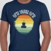 “First Things First” retro sunrise graphic with a filter coffee tumbler illustration printed on a navy blue t-shirt | Smolt