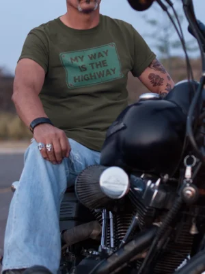 “My Way Is The Highway” vintage road sign typography graphic printed on an olive green t-shirt | Smolt
