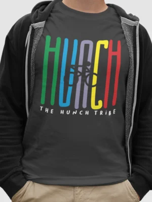 “Hunch The Hunch Tribe” colorful typography graphic printed on an asphalt grey cycling t-shirt | Smolt