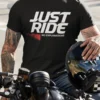“Just Ride No Explanations” bold typography graphic printed in white and red on a black t-shirt | Smolt