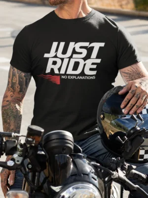 “Just Ride No Explanations” bold typography graphic printed in white and red on a black t-shirt | Smolt