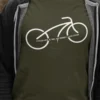 Minimal bicycle infinity graphic with “Cycle Life x No. of Rides = Life Cycle” text printed in white on an olive green t-shirt
