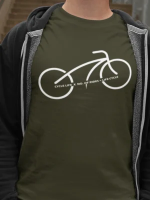 Minimal bicycle infinity graphic with “Cycle Life x No. of Rides = Life Cycle” text printed in white on an olive green t-shirt