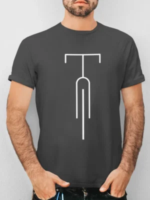 Minimal white line-art bicycle graphic printed on an asphalt grey cycling t-shirt
