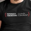 “Paperback Hardcover” typography graphic with chemical formulas and red bracket illustrations printed on a black t-shirt | Smolt