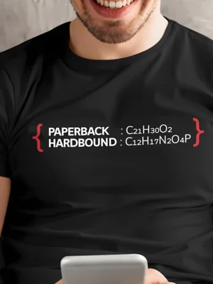 “Paperback Hardcover” typography graphic with chemical formulas and red bracket illustrations printed on a black t-shirt | Smolt