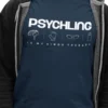 “Psychling is my kinda therapy” typography graphic with cycling helmet, gloves, glasses, and water bottle icons printed in white on a navy blue t-shirt | Smolt