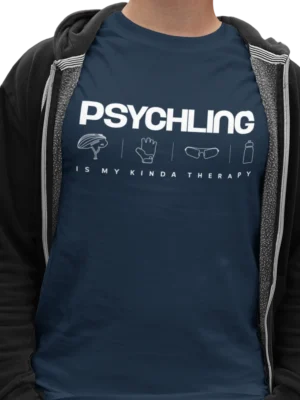 “Psychling is my kinda therapy” typography graphic with cycling helmet, gloves, glasses, and water bottle icons printed in white on a navy blue t-shirt | Smolt