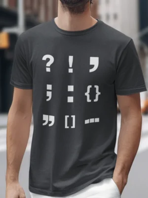 Minimal white punctuation symbols arranged in a grid layout printed on an asphalt grey t-shirt | Smolt