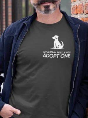 “Let A Stray Rescue You Adopt One” dog adoption typography graphic with minimal dog illustration printed in white on an asphalt grey t-shirt | Smolt